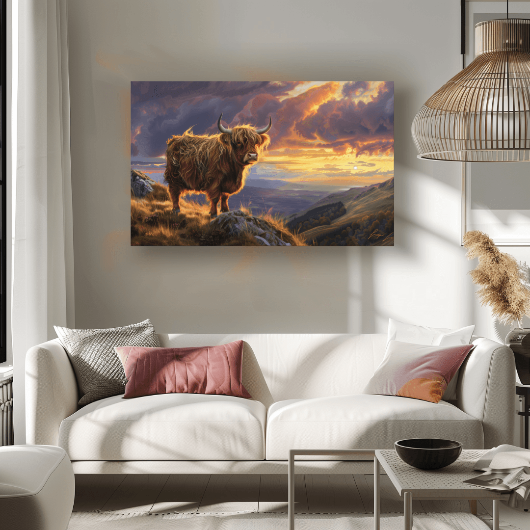 Highland Cow Highland Cow – Sunset Mountain View Canvas
