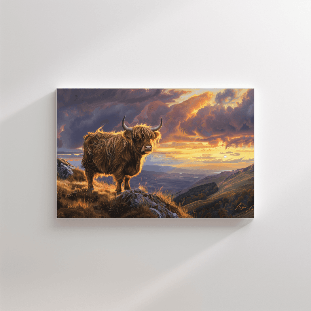 Highland Cow Highland Cow – Sunset Mountain View Canvas