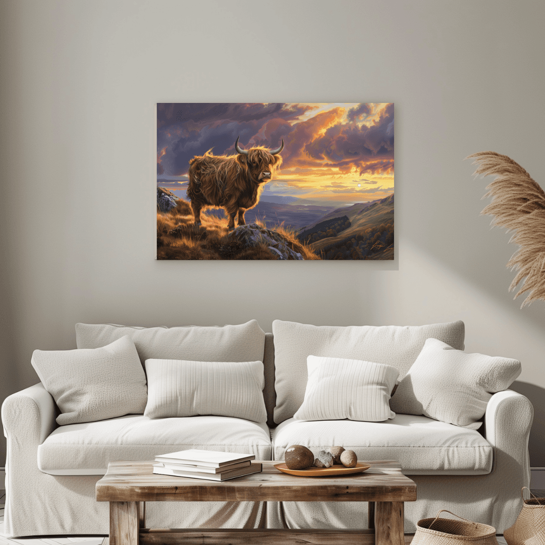 Highland Cow Highland Cow – Sunset Mountain View Canvas