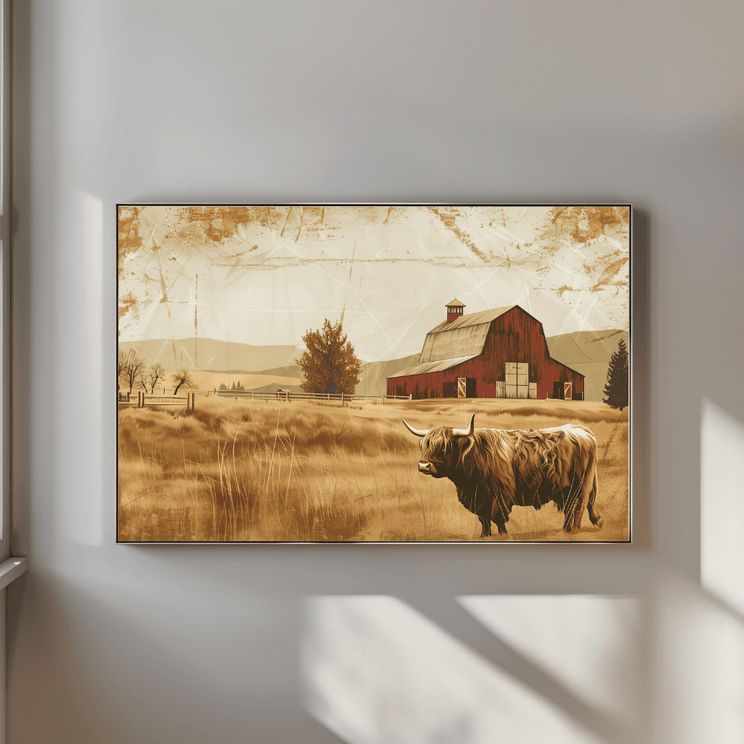 undefined Highland Cow – Vintage Barn Scene Canvas