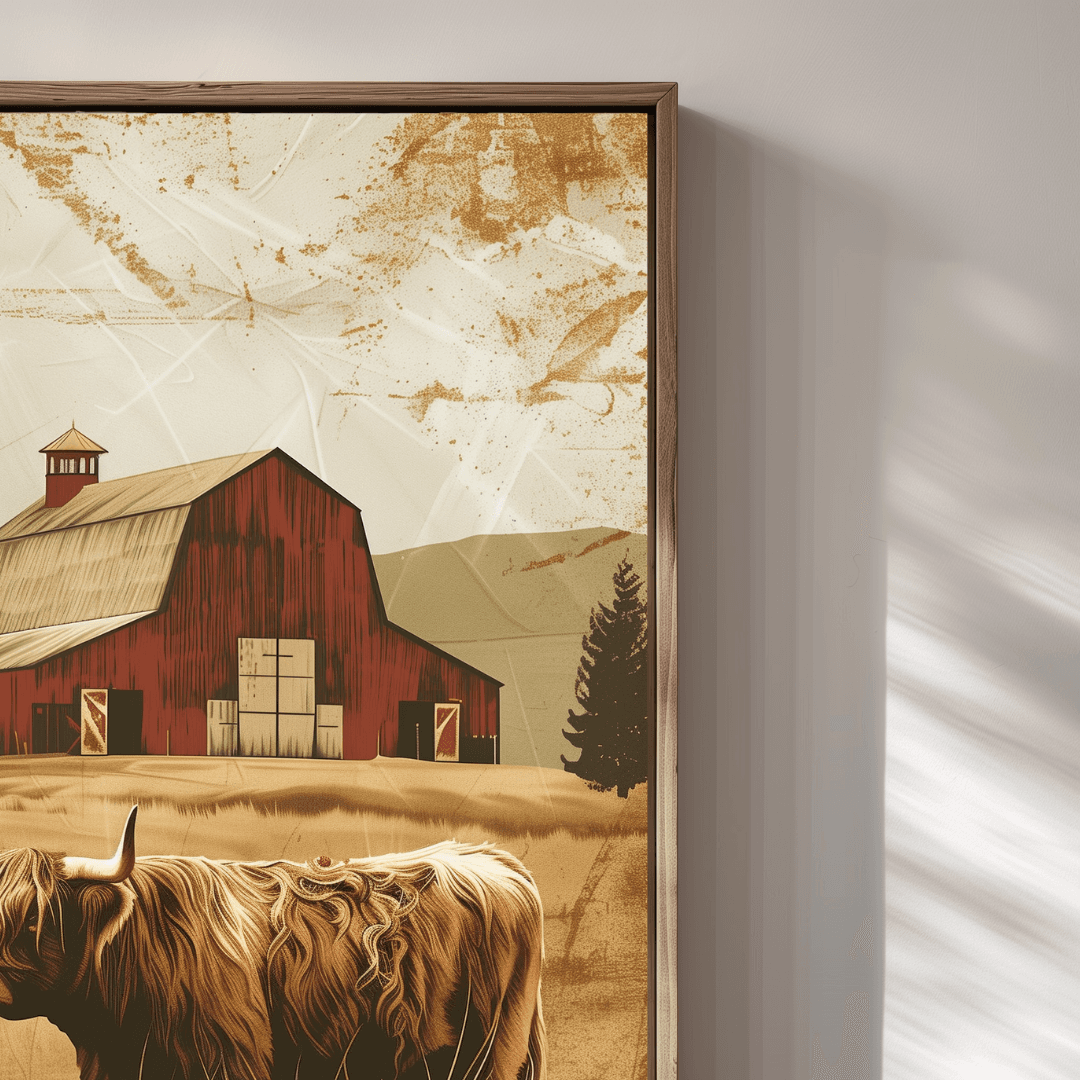Highland Cow Highland Cow – Vintage Barn Scene Canvas