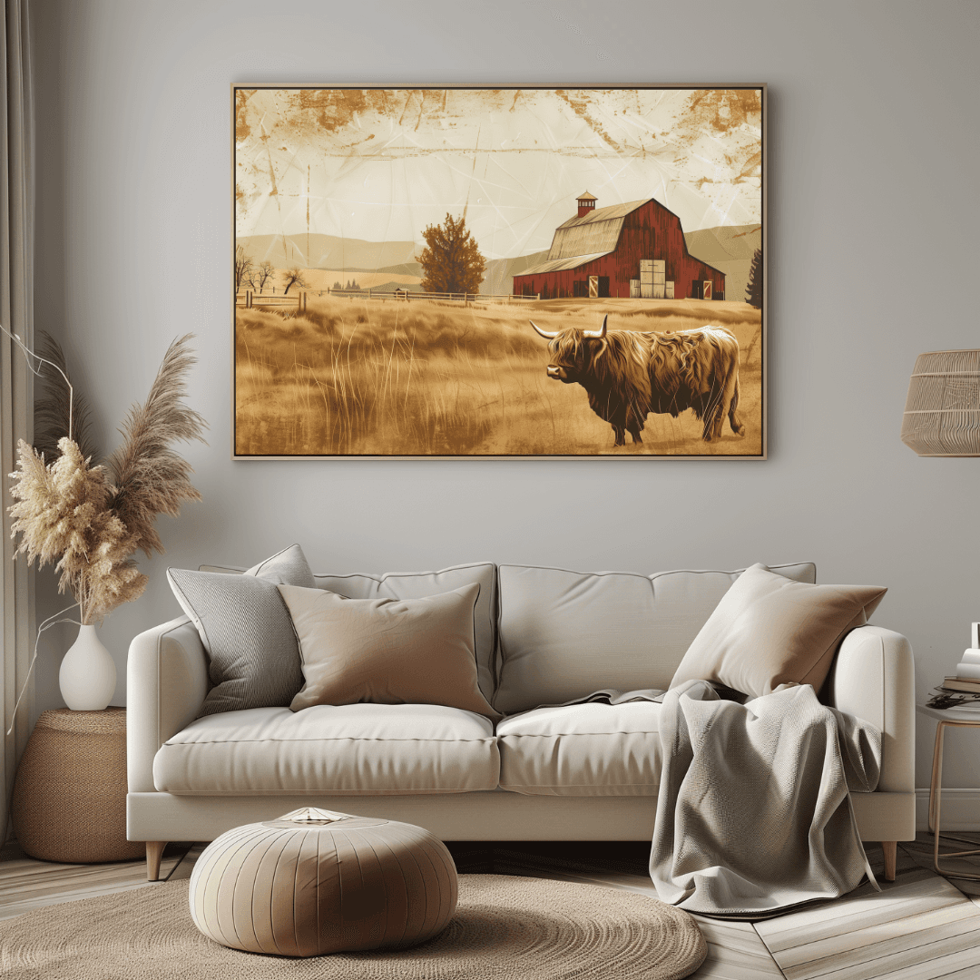 Highland Cow Highland Cow – Vintage Barn Scene Canvas