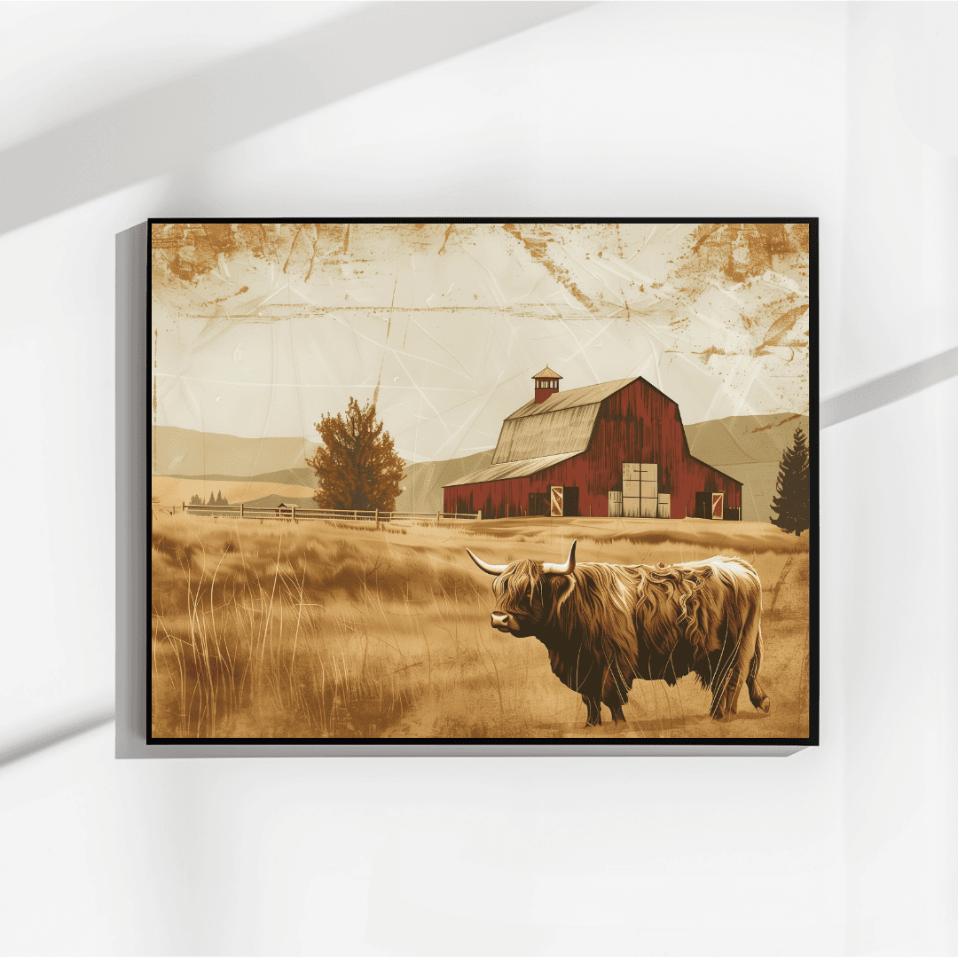 Highland Cow Highland Cow – Vintage Barn Scene Canvas
