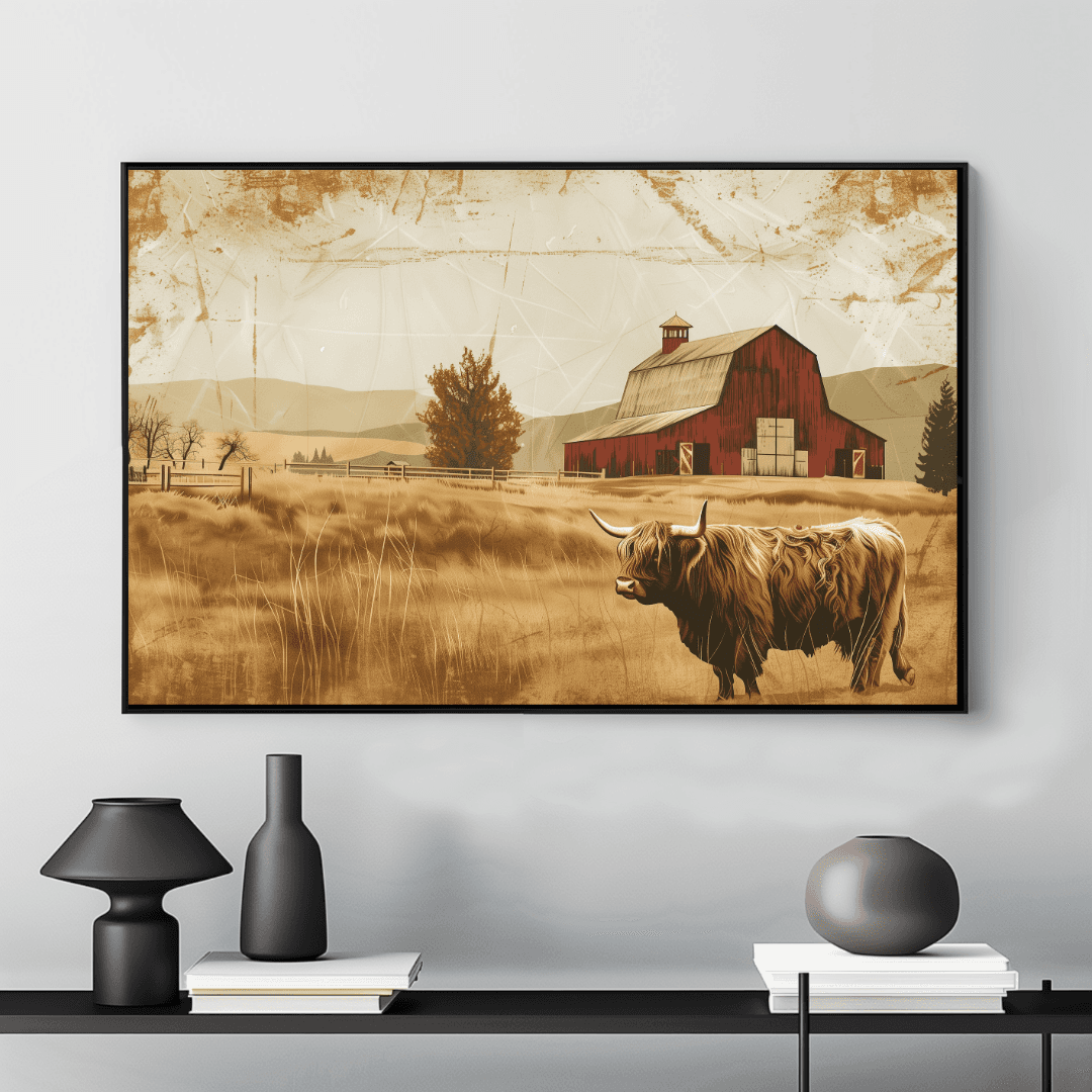 Highland Cow Highland Cow – Vintage Barn Scene Canvas