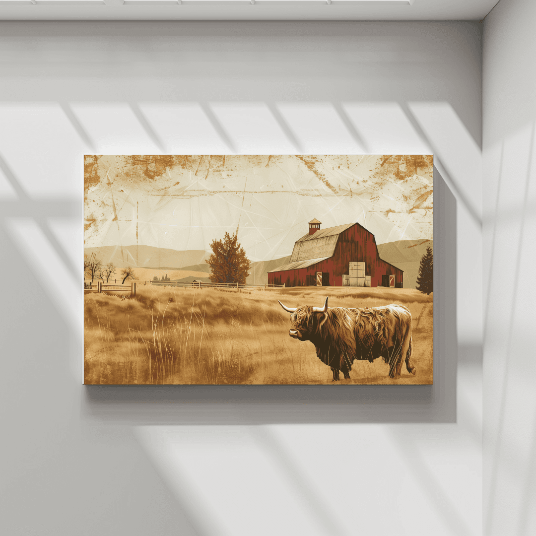 Highland Cow Highland Cow – Vintage Barn Scene Canvas