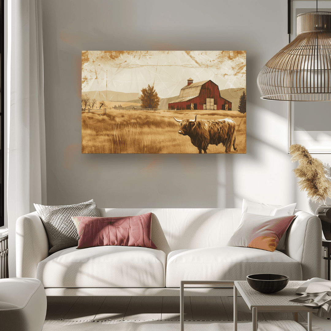 Highland Cow Highland Cow – Vintage Barn Scene Canvas