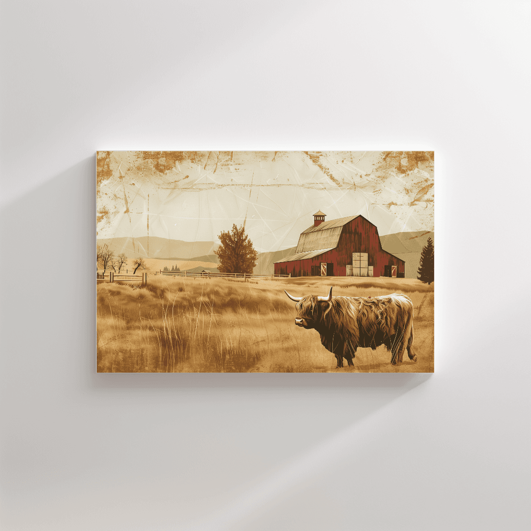 Highland Cow Highland Cow – Vintage Barn Scene Canvas