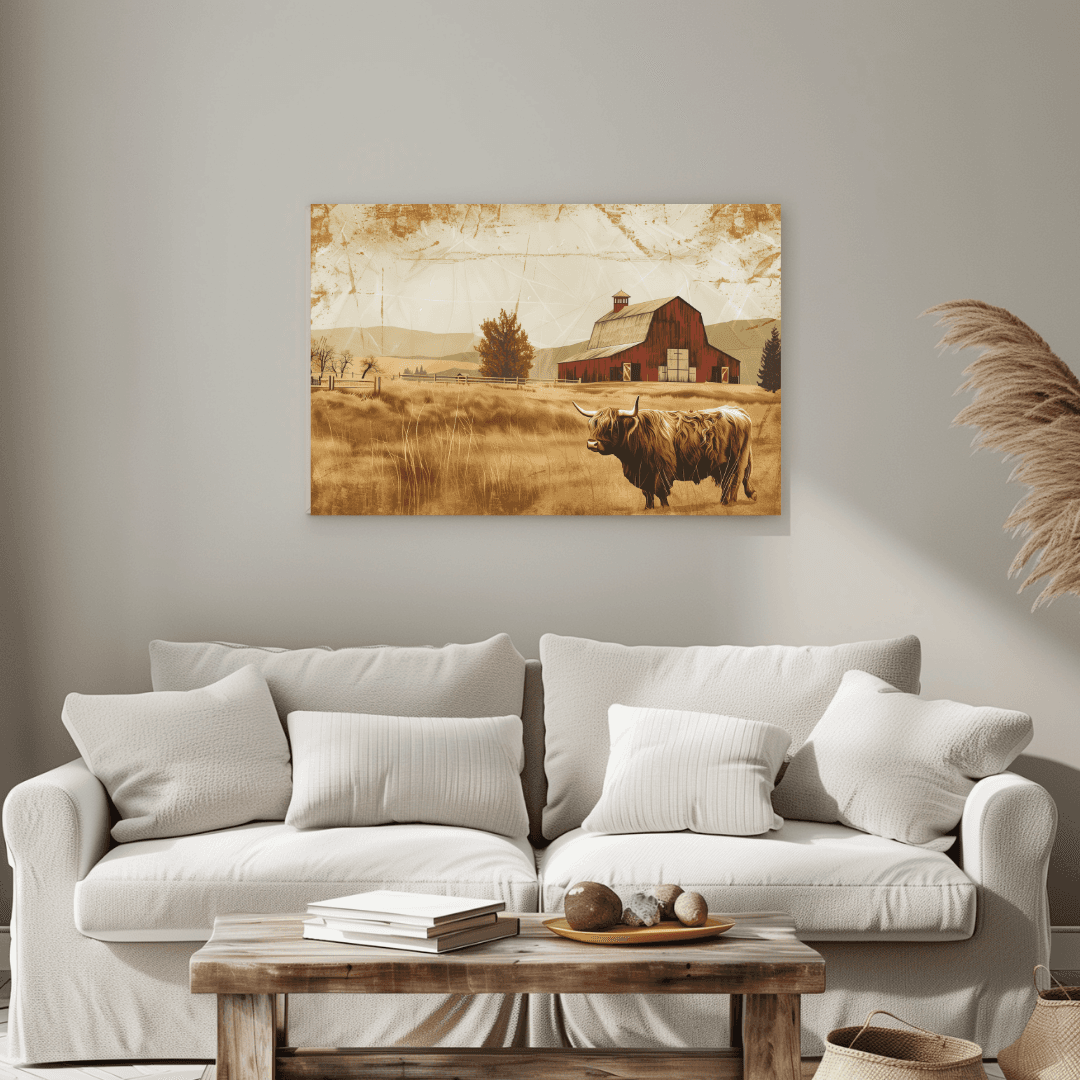 Highland Cow Highland Cow – Vintage Barn Scene Canvas