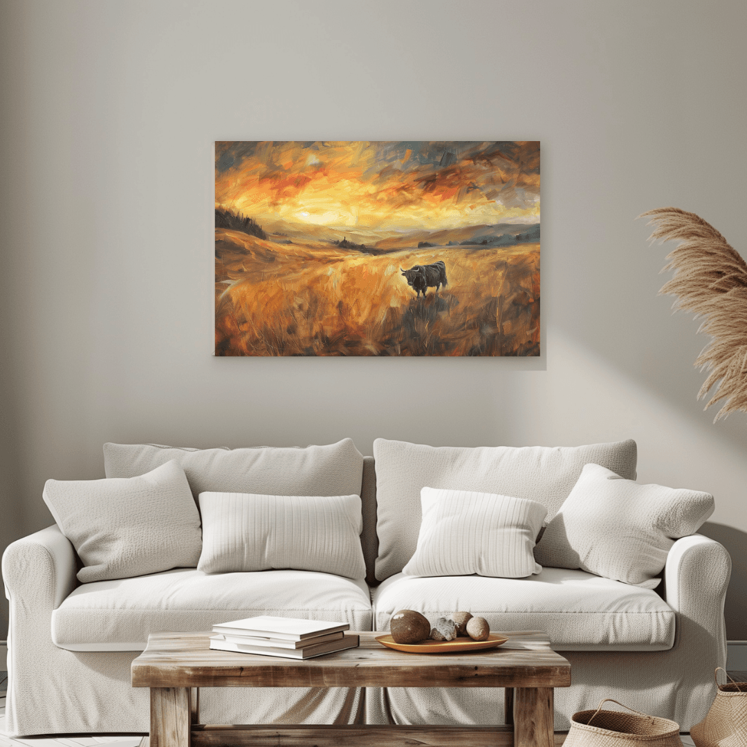 Highland Cow Highland Cow – Sunset Impressionist Canvas