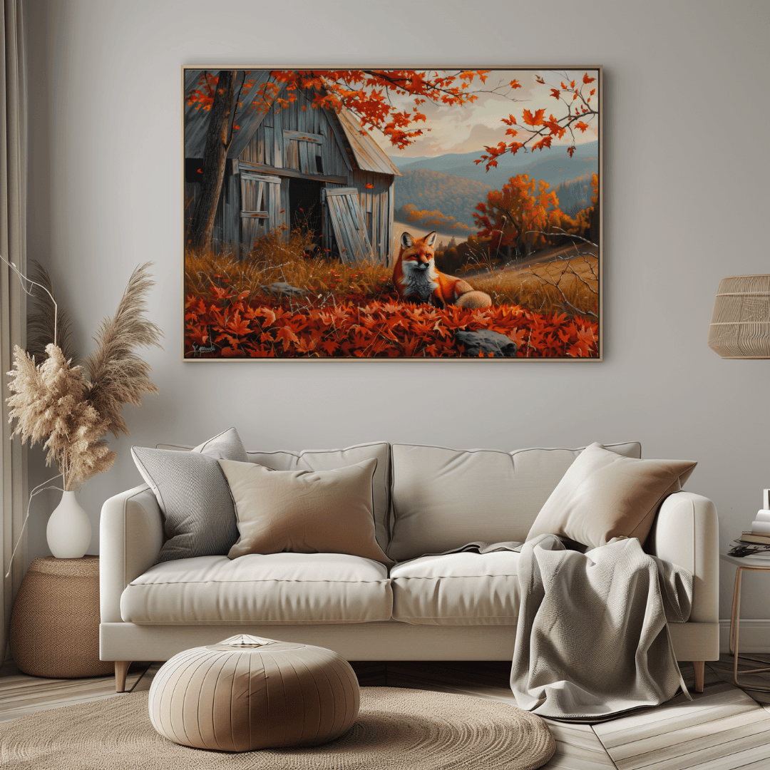 Fox Fox by the Barn – Autumn Hillside Canvas