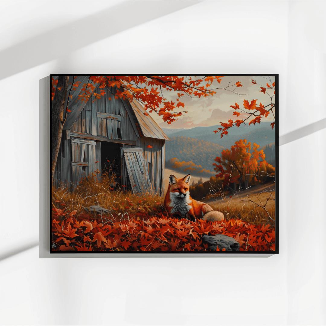 Fox Fox by the Barn – Autumn Hillside Canvas