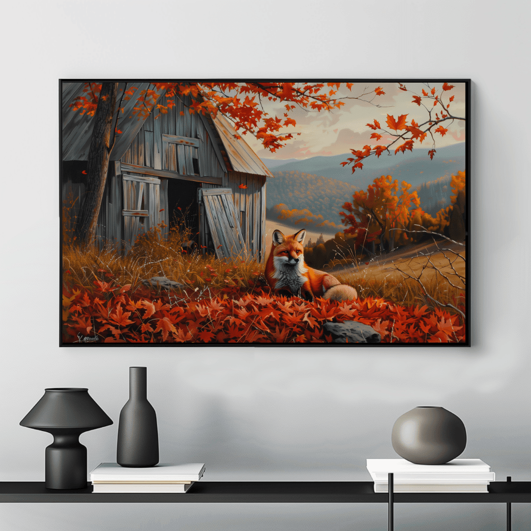 Fox Fox by the Barn – Autumn Hillside Canvas