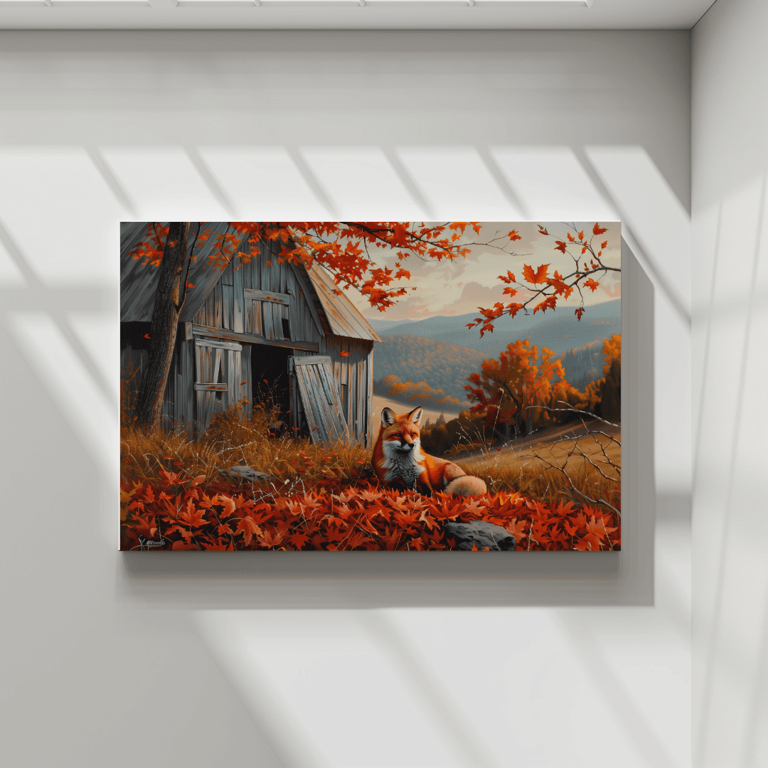 Fox Fox by the Barn – Autumn Hillside Canvas