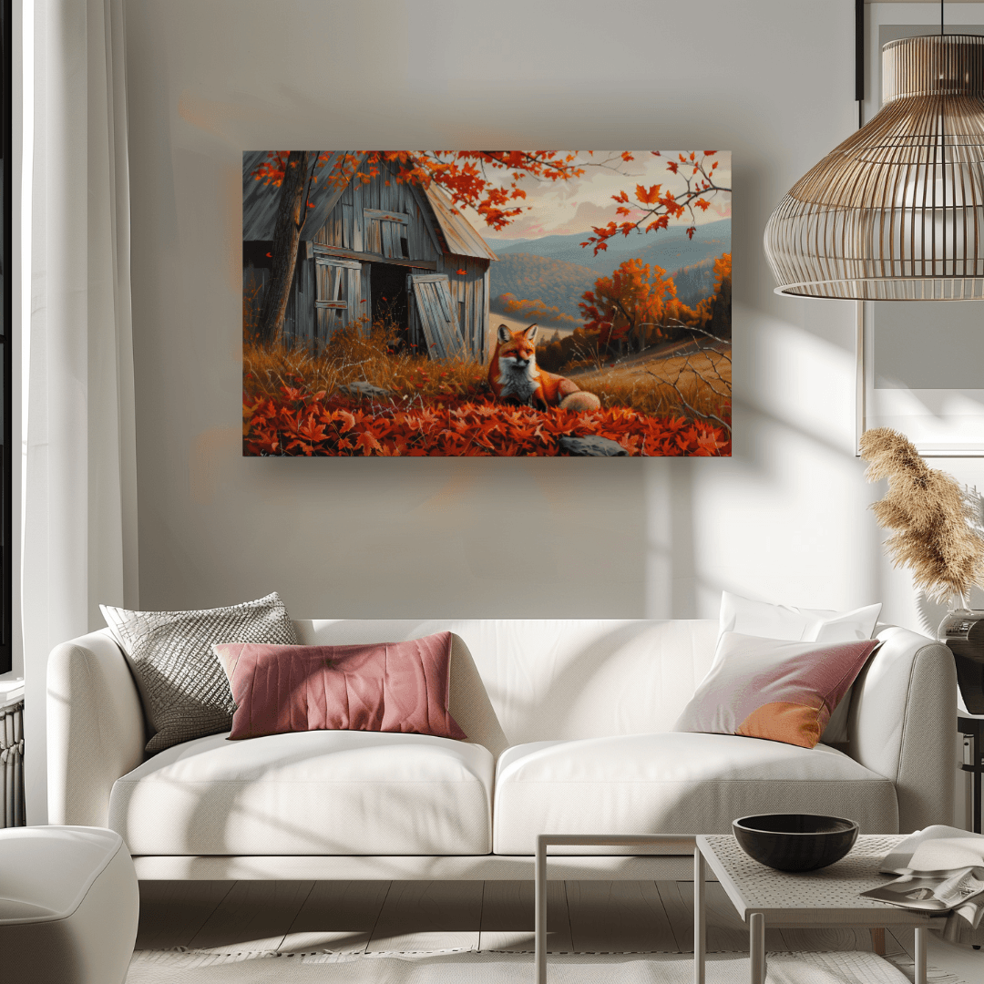Fox Fox by the Barn – Autumn Hillside Canvas