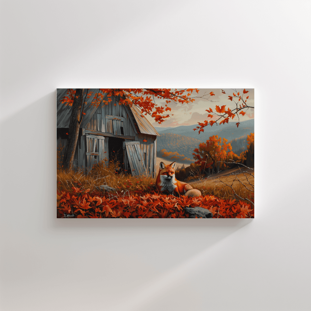 Fox Fox by the Barn – Autumn Hillside Canvas