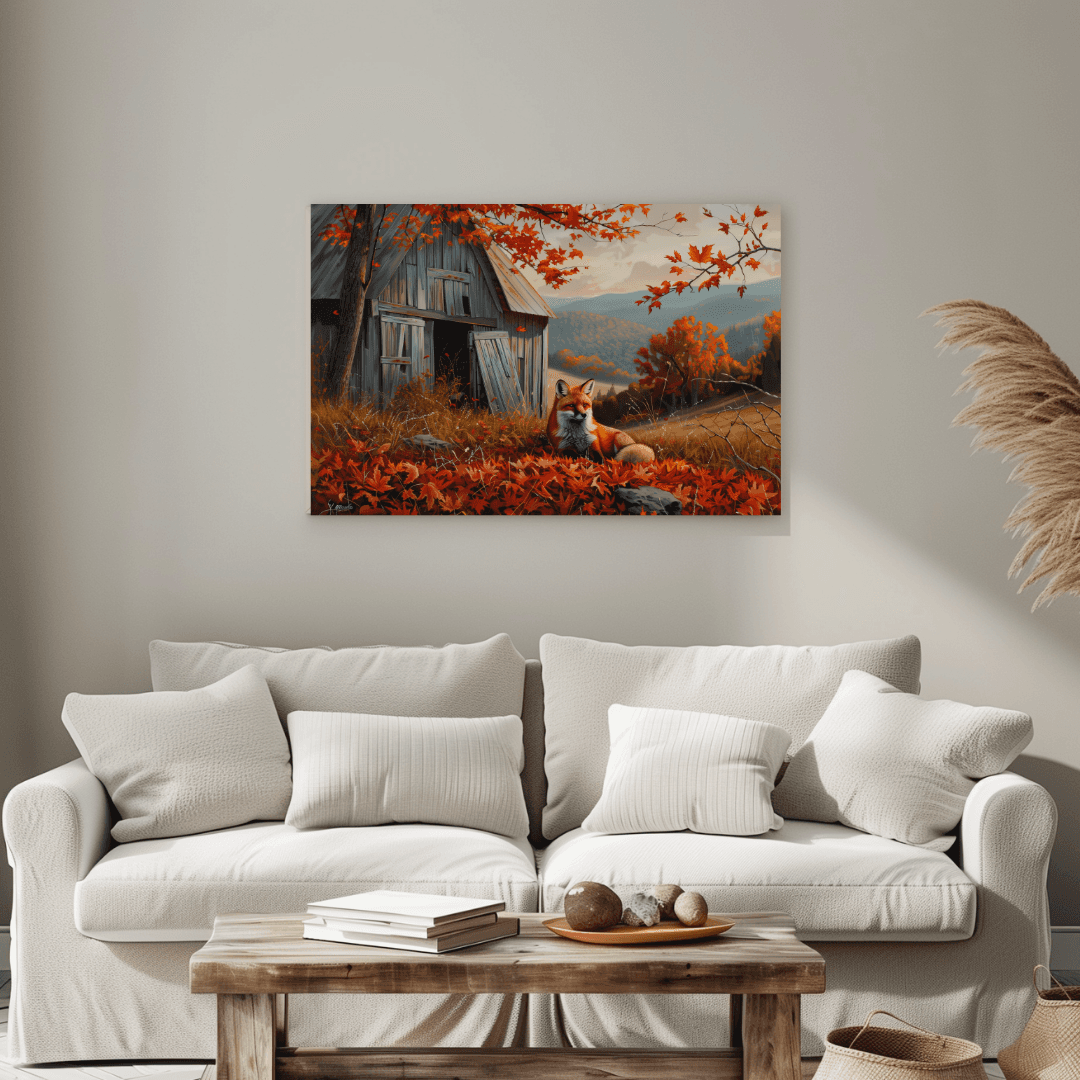 Fox Fox by the Barn – Autumn Hillside Canvas