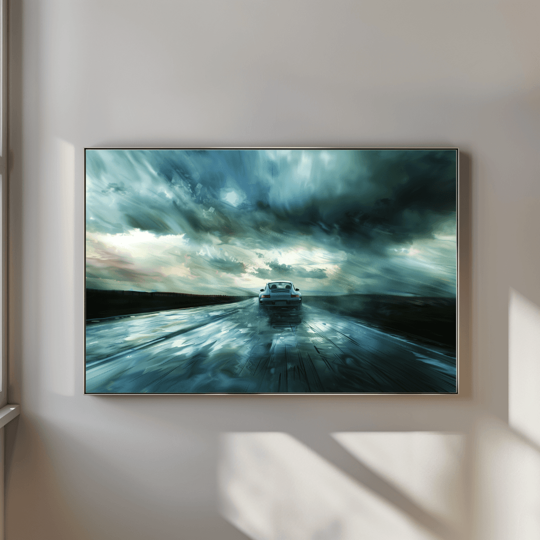 Porsche Porsche in the Storm – Rainy Highway Canvas