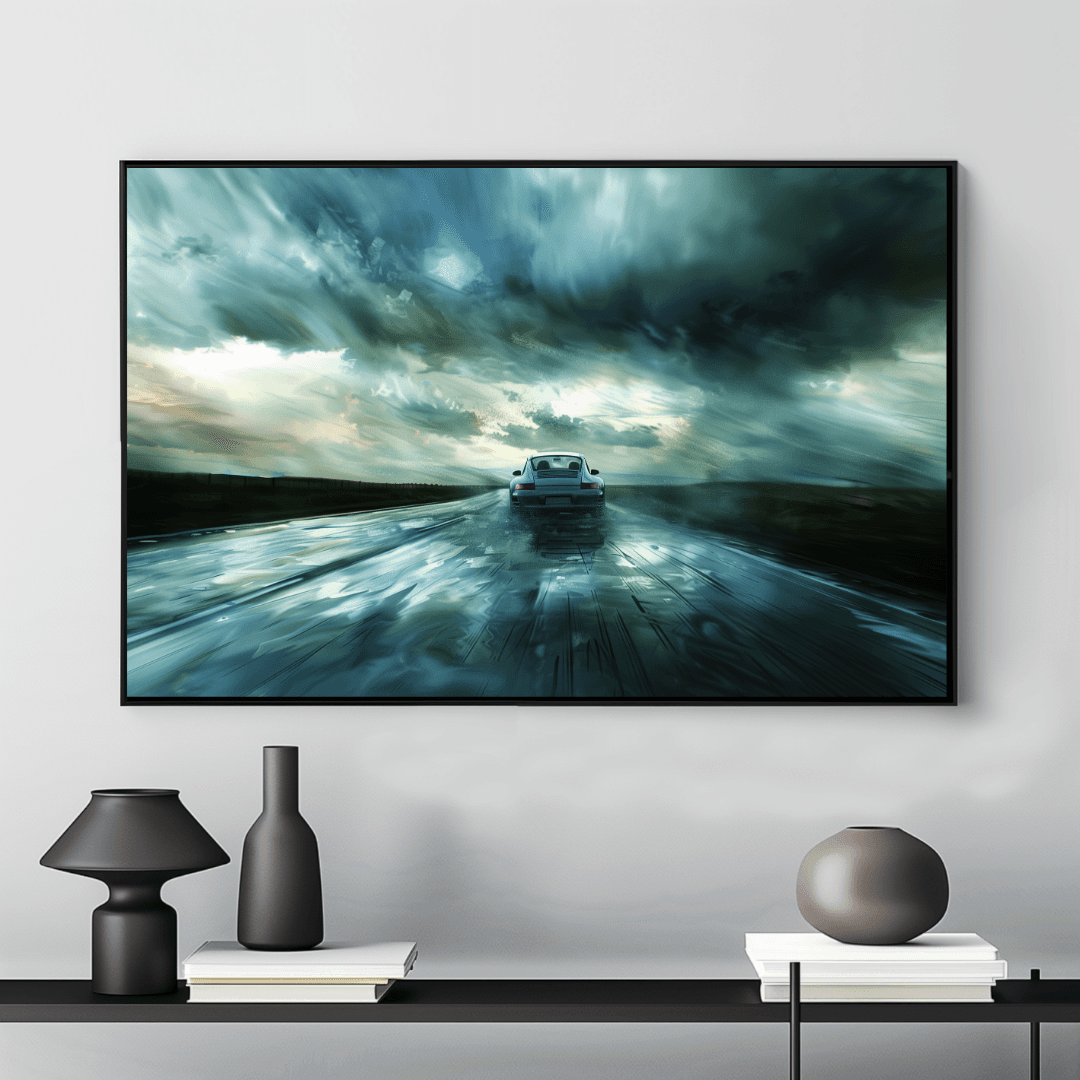 Porsche Porsche in the Storm – Rainy Highway Canvas