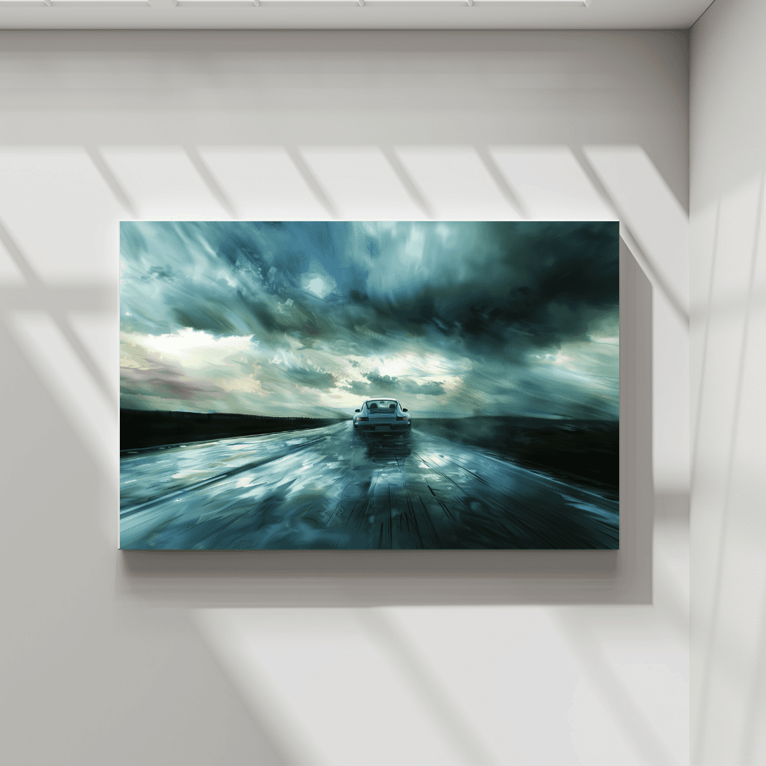 Porsche Porsche in the Storm – Rainy Highway Canvas