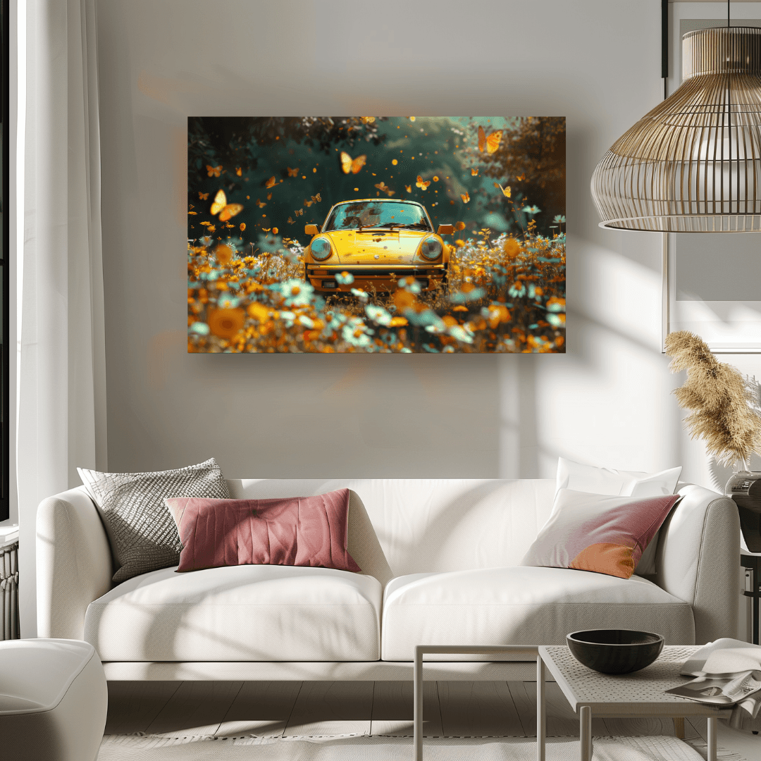 Porsche Yellow Porsche in Butterfly Meadow Canvas