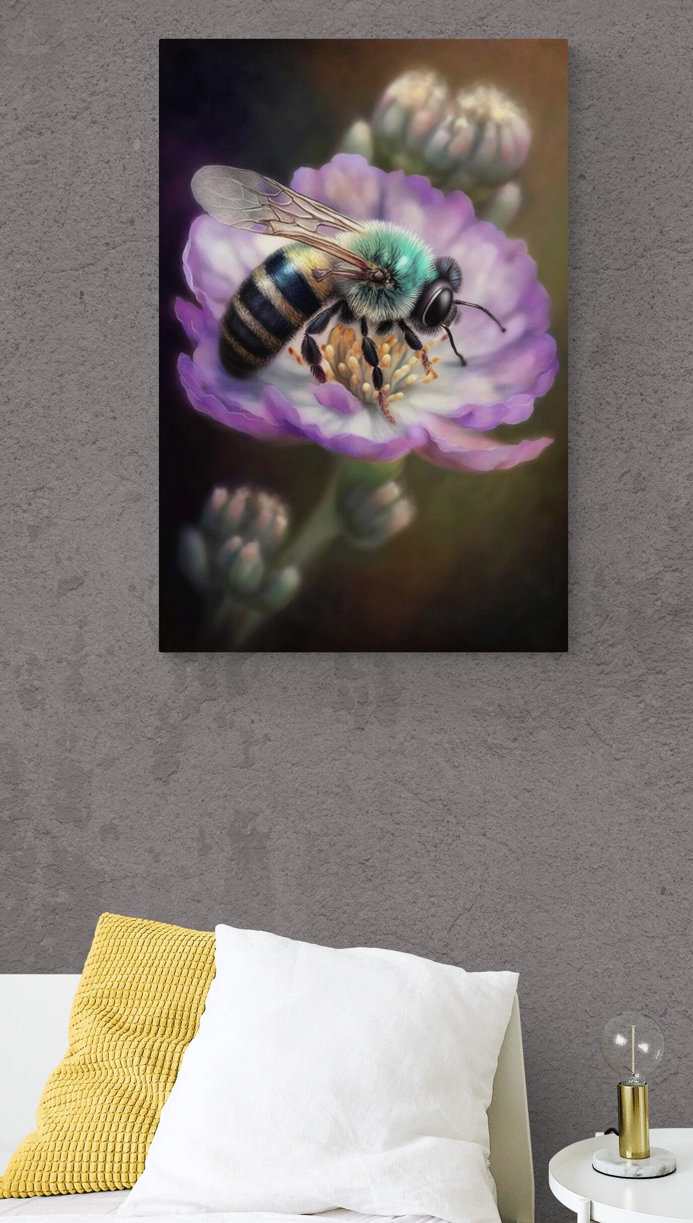 Bees A Tiny Miracle: A Framed Poster & Canvas Print of a Bee Collecting Pollen on a Flower