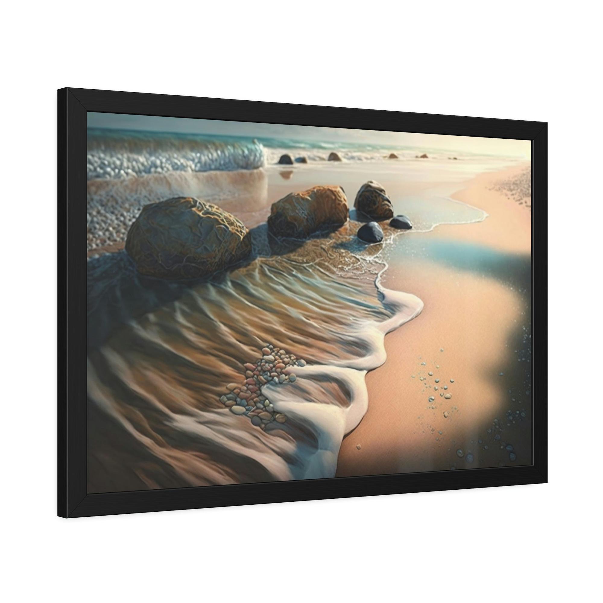 Beaches Ocean's Symphony: Framed Poster of Waves Crashing on Beach
