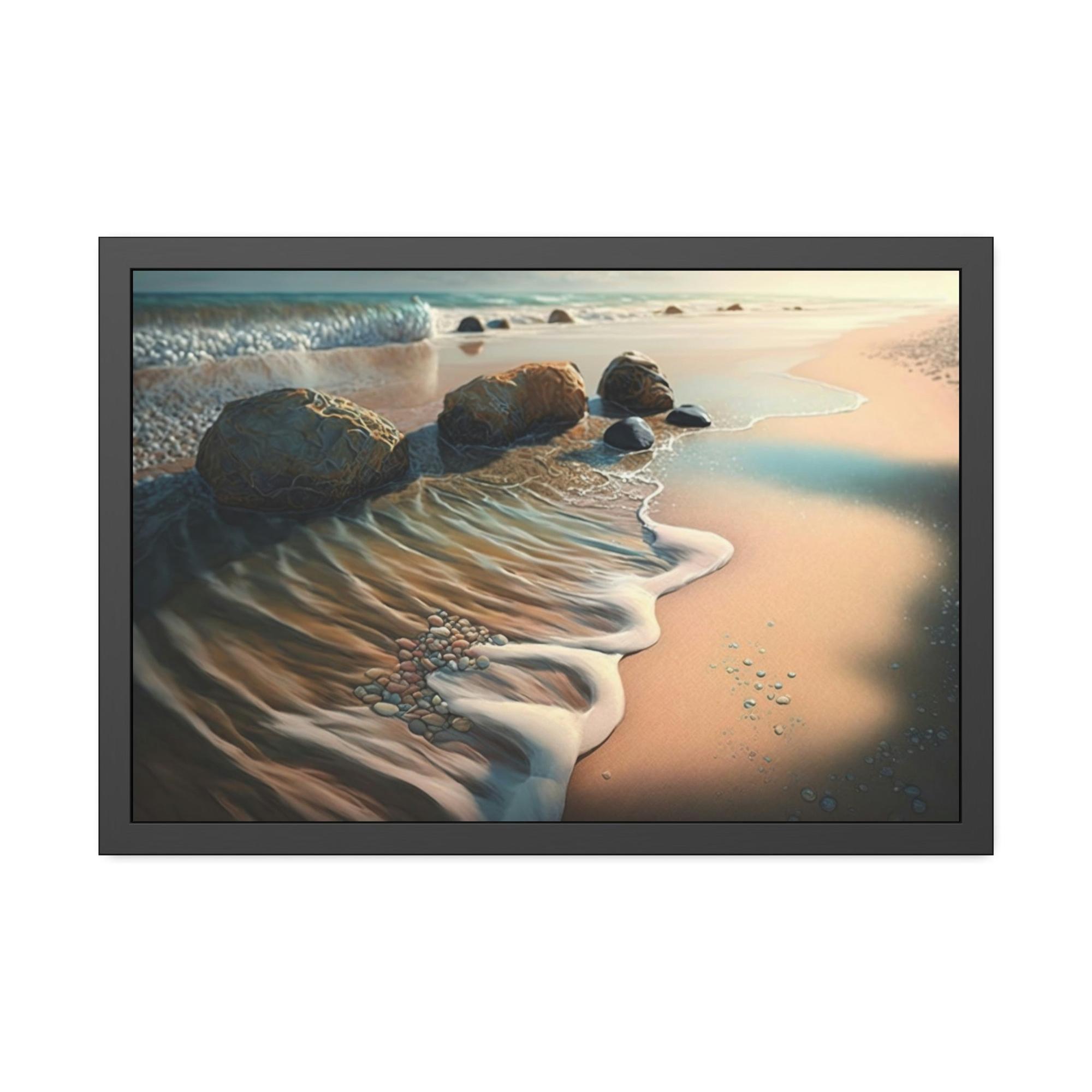 Beaches Ocean's Symphony: Framed Poster of Waves Crashing on Beach